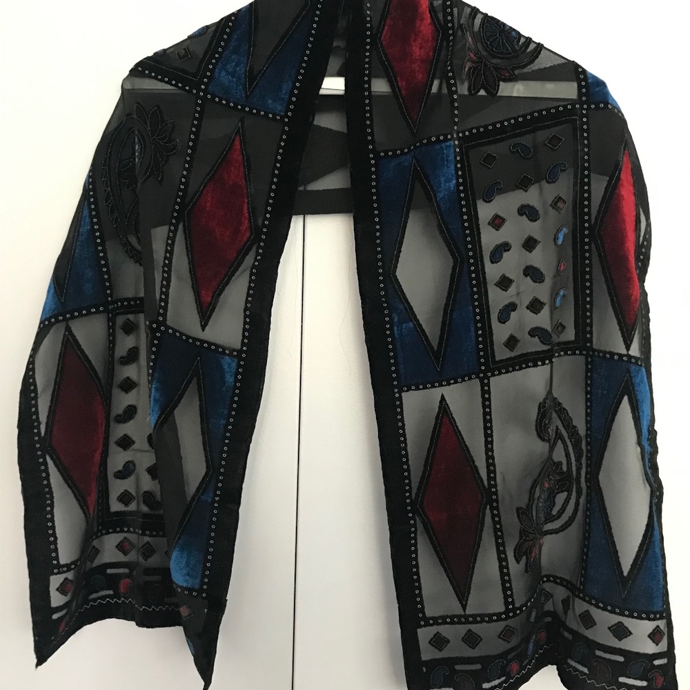 Black/Blue & Red Velvet & Silk Scarf